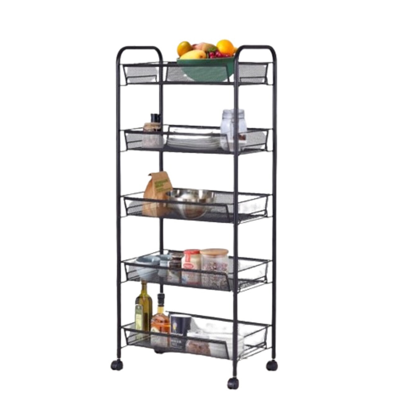 Black Steel 5-Tier Rolling Storage Trolley with Mesh Baskets and Wheels